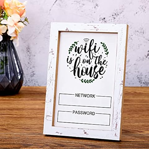 WiFi Password Sign for Guest White Board WiFi Sign Cute Rustic Worn Wood Frame with Writable Surface 7.87 x 5.43 Inches Wooden WiFi Network Sign for Home Business Store Cover