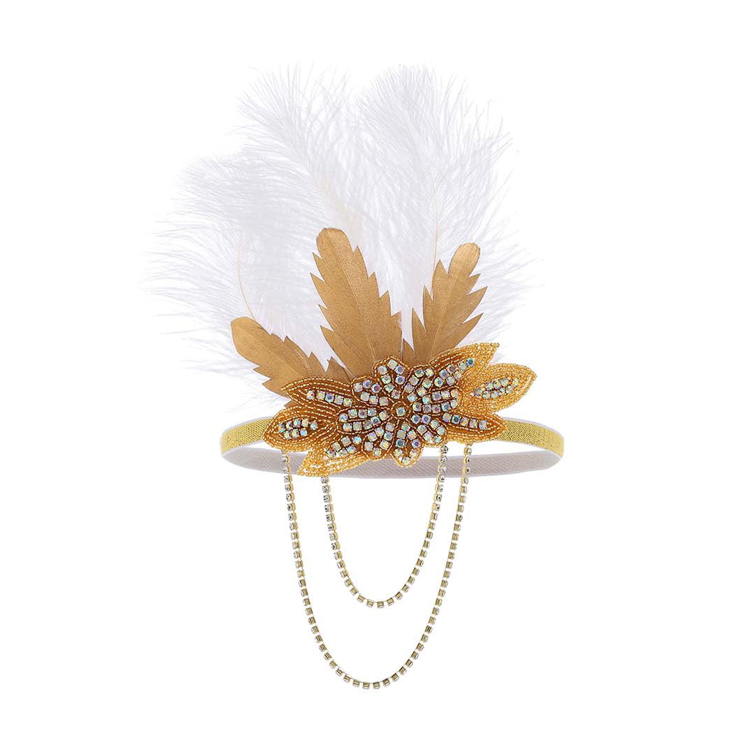 IYOU Años 20 Flapper Tocado Plumas Oro Gatsby Diadema Diamantes de imitación Vendimia Traje Boda Accesorios para el cabello para Mujeres