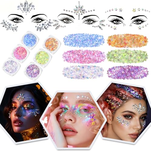 Amaza 9PCS Pegatinas Cara Brillante y Gel de Purpurina Cara Luminoso, 6 Colores Gel de Glitter Maquillaje + 3PCS Brillantes Pegatinas Faciales para Festival para Uñas Faciales Ojos Cuerpo