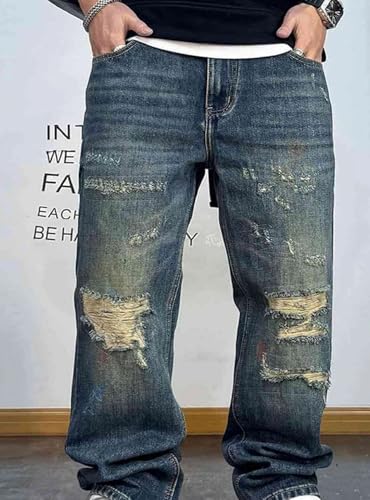 Men’S Trendy Hip Hop Slim Fit Ripped Vintage Washed Patched Straight Leg Denim Pants Full Length Button Fly Streetwear3