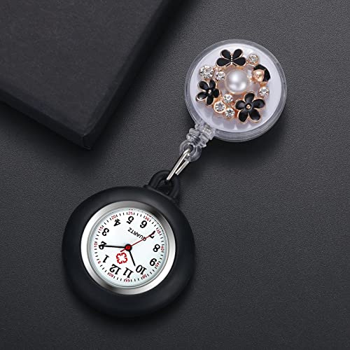 Image of Lancardo Retractable Nurse Watch Clip On Pearl Flower Patterns Badge with Secondhand Stethoscope Lapel Fob Pocket Doctor Nurse for Women and Men