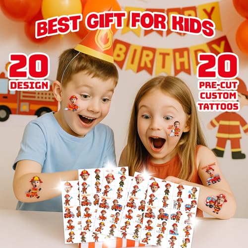 Image of Custom Firefighter Temporary Tattoos for Kids, Set of 20 | Personalized Pre-Cut Face Photo, Birthday Party Favors, For Boys & Firefighter Lovers, Unique Celebration Gifts