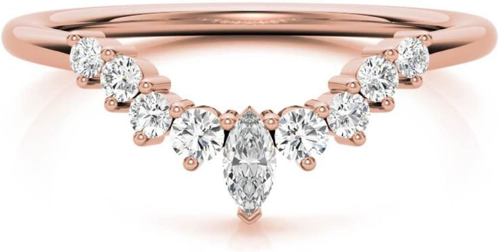 Round & Marquise Moissanite Wedding Band, Engagement Ring, Bridal Set, Eternity Stackable Matching Dainty Minimalist Antique Vintage Comfort Fit Handmade Jewelry Anniversary Rose Gold Band