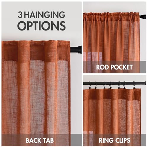 MIULEE Rust Curtains 96 Inch Length 2 Panels for Bedroom Living Room, Terracotta Soft Thick Linen Textured Window Drapes Semi Sheer Light Filtering Back Tab Rod Pocket Burlap Look Fall Decor