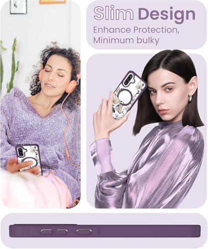Image of VONZEE Compatible with Samsung Galaxy A36 5G Case Luxury Retro Flowers Floral Clear for Magnetic Wireless Charging Case Shockproof Case PC+TPU Cute Glossy Shiny Cover for Girls Women, Deep Purple