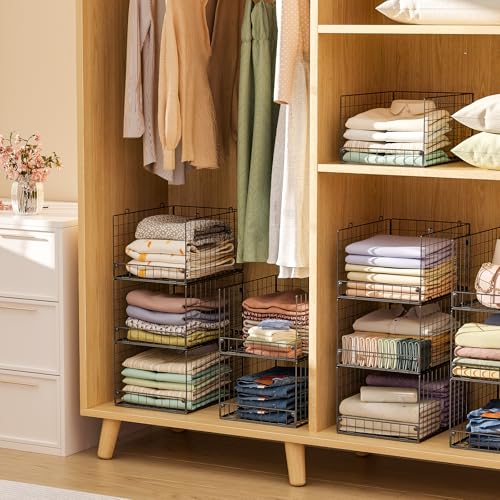 Image of 4-Tier Stackable Closet Organizers and Storage Shelves, Foldable Closet Shelf Organizer System, Stackable Storage Bins Drawers for Closet Organizer System, Black(Patent 30022416, 15.7 inchx11.8 inchx34.64 inch)