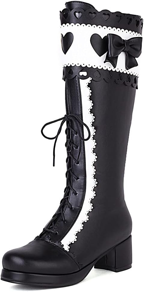 Womens Sweet Goth Mid Calf Boots Platform Chunky Mid Heel Sweet Bow Fashion cosplay Lolita Knee-High Boots For Women