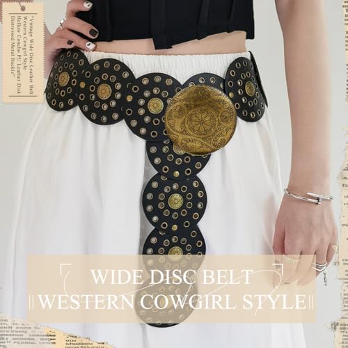 Vintage Wide Disc Leather Belt For Women Western Cowgirl Style Hollow Concho PU Leather Disk Metal Buckle Waist Belt2