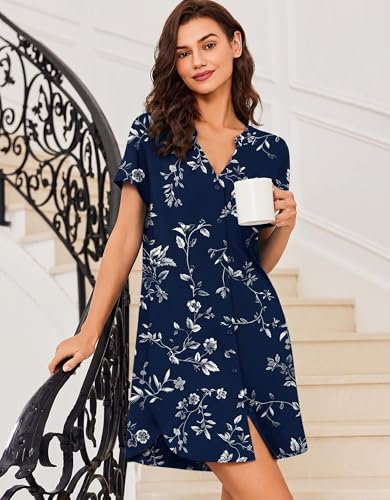 Image of Ekouaer Women V Neck Button Down Nightgown