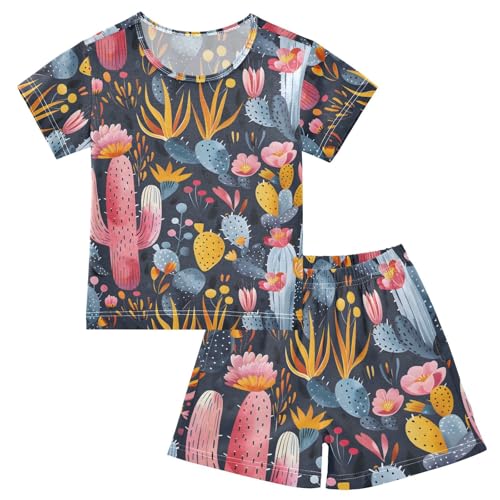 ALAZA Lovely Cactus Blossom Flower Pajamas Short Sleeve 2 Piece Sleepwear Top and Bottom Pajama Set Unisex