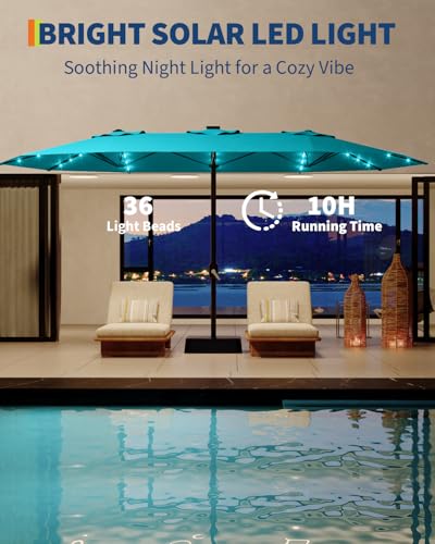 15FT Large Patio Umbrella with Base and Solar Lights, Double-Sided Rectangle Umbrella Oversized Shade for 8-10 People,36 LED Lights and Weighted Base for Pool, Deck, Backyard