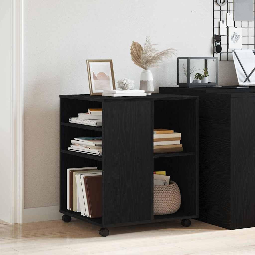 Mobiler Büroschrank auf Rollen, Aufbewahrungsschrank in Schwarz Eichen-Optik, 60 x 53 x 72,5 cm, Stabiler Rollcontainer mit 2 Fächern für Aktenordner und Bürobedarf
