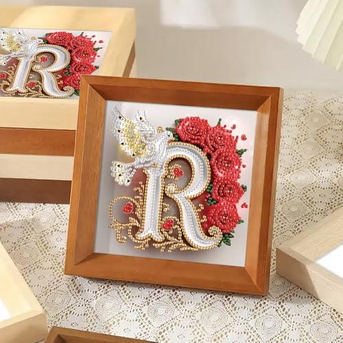 Image of AiYuanzsh 5D Diamond Art Kits for Adults Letter R, Radiant Rose & Dove Initial DIY Crystal Rhinestones Diamond Painting, Elegant Diamond Art for Wall Decor and Romantic Valentine's Day Gift 17x17cm