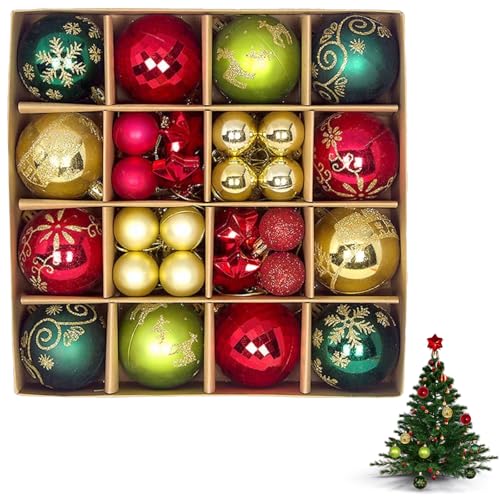 Vyqrx 44Pcs Christmas Ball Ornaments Set, Shatterproof Red Gold Green Christmas Baubles with Assorted Designs, for Xmas Tree Decorations, Holiday Party, Wedding & Xmas Decorations