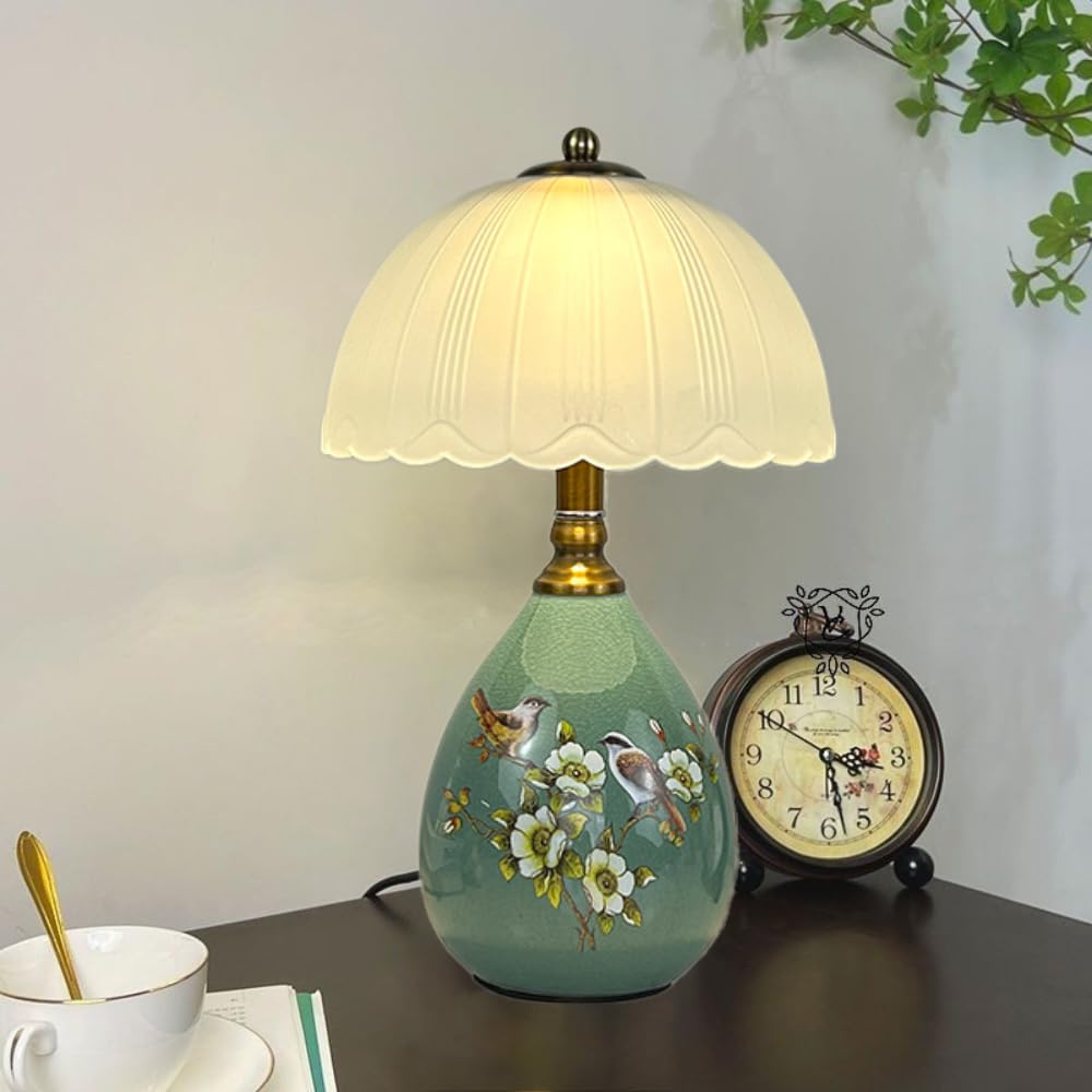 XINYASEE Lampe de chevet - Lampe de table en céramique, design en forme de goutte d'eau, décorée de motifs floraux et d'oiseaux, douille E27, trois couleurs de lumière, dimensions : 20 * 33 cm (Vert)
