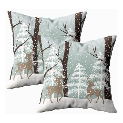 EMMTEEY Christmas Pillow Cover 16X16 Winter Pillow Covers Set of 2 Winter Landscape Deers Snow and Tree Pillow Case Covers with Zipper Soft Snowflake Pillow Covers for Sofa Couch Outdoor/Indoor Cover