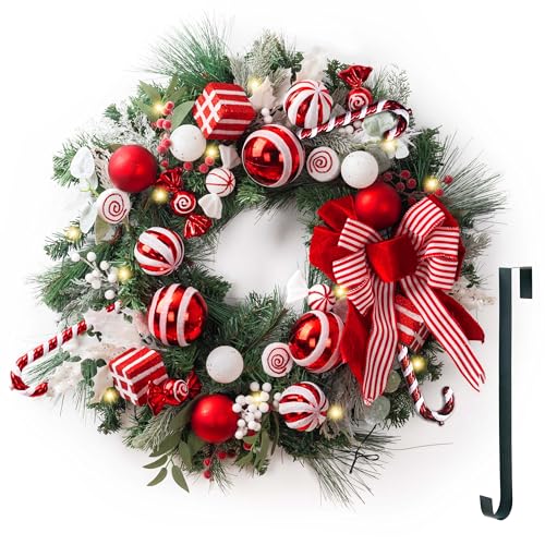 Valery Madelyn 30'' Pre-Lit Christmas Wreath for Front Door with Lights, Large Lighted Outdoor Christmas Wreath with Red White Xmas Balls & Bow for Home Porch Fireplace Window Holiday Wall Decor