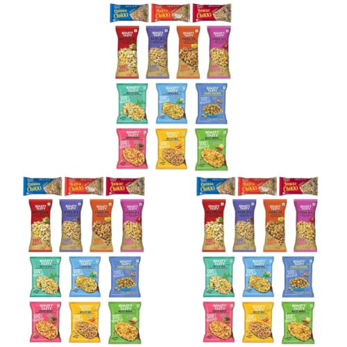 Image of Roasty Tasty Assorted Healthy Snacks & Sweets Pack of 39 | Roasted Namkeen Snack & Millet Chikki Bar Mix | Sugar Free Chikki | Palm Oil Free Lite Namkeen | Diet Namkeen Combo for Adults |