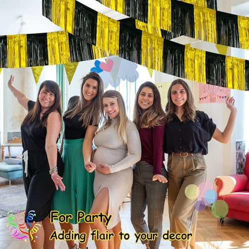 Image of 4 Pack 39 Feet Black Gold Foil Fringe Garland Metallic Tinsel Streamers Banner Fringe Curtain Banner for Parade Floats Halloween Graduation Homecoming Birthday Party Decorations (Black, Gold)