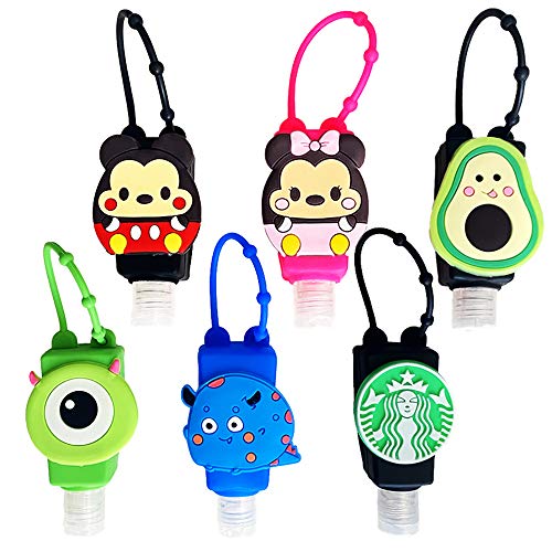 [2021 Kids Gift] 6-Pack Cute Travel Size Keychain Hand Sanitizer Holder for Backpack with Empty Plastic Bottle, 6-1 fl-oz Flip Cap Reusable Empty Portable Bottles (6 Variety Pack)
