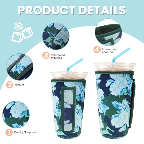 Image of KJQJLY 3 Reusable Iced Coffee Sleeves for Iced Coffee Cups or Drinks Reusable Neoprene Insulated Sleeves for Hot and Cold Drinks from Starbucks, Dunkin, And More (Moonflower)