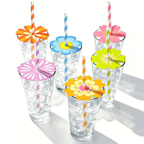 60 sets de pitillos de papel con diseño floral y rayas miniatura 1