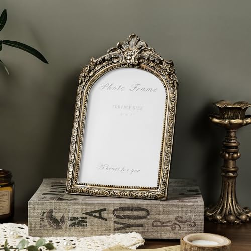 Arched 5x7 Picture Frame Vintage Gold Frames, Bronze 5 by 7 Arched Picture Frame Hand-Crafted Resin with Glass Front Ornate Retro Antique Photo Frames for Wall and Tabletop Display Home Decor