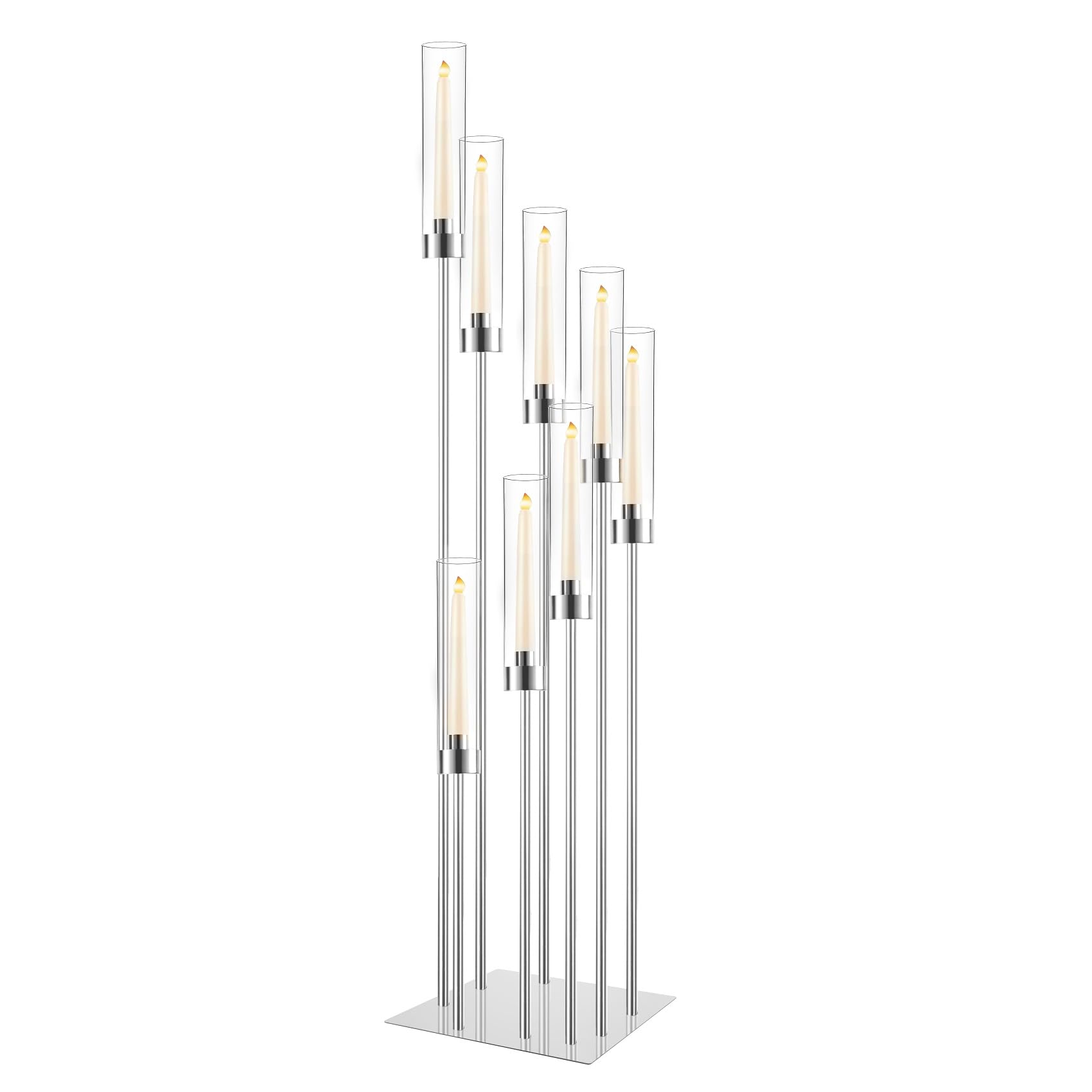 Floor Candle Holder with Acrylic Lampshade, 49.2in Tall Acrylic Candlestick Holder for Taper LED Candles, Silver Candelabra Centerpiece for Table Wedding Party Event Reception Home Decoration (Silver)