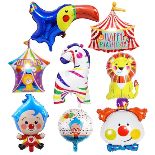 8 Stück Zirkus Tiere Folienballon, Clown Ballon, XXL Aluminium Folie Zebra...