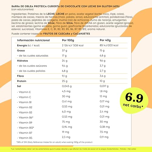 Miniatura 7 de Nicks Protein Wafer Naranja 25 Proteína 203 Calorías Barritas Proteicas Oblea Chocolate Sin Azúcar Añadido Low Carb Snack Bar Sin Gluten 9x40g