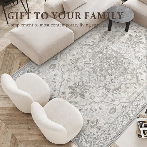 Boho Area Rug 6x9 Washable Large Vintage Rug for Living Room Bedroom Office Kitchen Entrance Dining Room Non Slip Soft Low-Pile Farmhouse, Beige/Multi