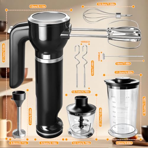 Image of Hand Mixer, 6-in-1 Multifunctional Electric Handheld Immersion Blender Bundle and Whisk, Milk Frother, Food Chopper