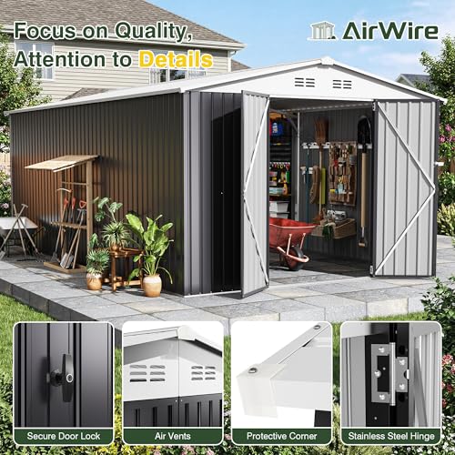 Image of AirWire 10x16 FT Outdoor Metal Storage Shed, Heavy-Duty Galvanized Steel Tool Shed with Lockable Doors, Waterproof Garden Shed for Backyard, Patio, Lawn, White
