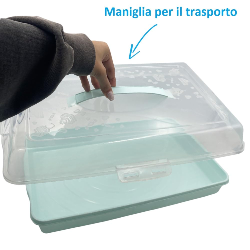 VIRSUS Porta Torte RETTANGOLARE in plastica, misura 43x30x10 cm, Contenitore con coperchio trasparente, portatorte 4 chiusure di sicurezza, per la conservazione di dolci e torte -6778F (Verde Acqua)
