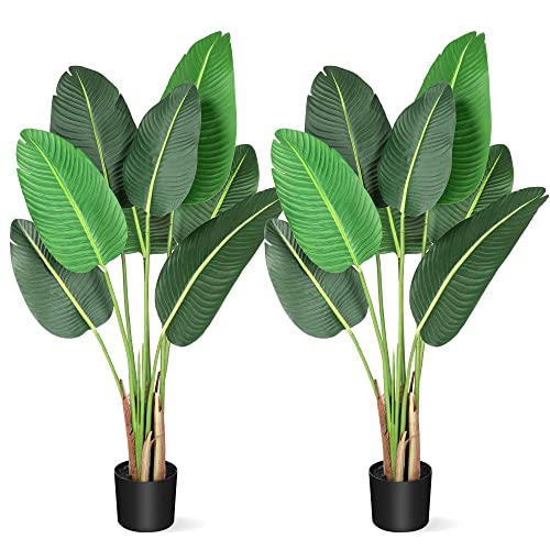 Amyove [ 2Pack ] 48 inchs Artificial Tree Bird of Paradise with 8 Trunks, 4 Feet Faux Plant Fake Banana Tree Plant with Pot for Home, Decor, Indoor, Outdoor, Living Room, Office
