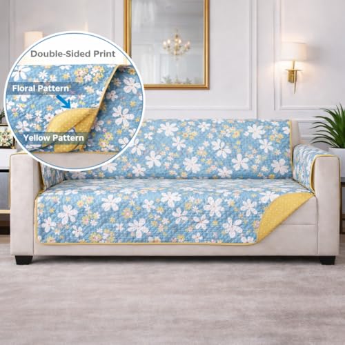 Image of STITCHNEST 'Double Vie Collection Series' Cotton Quilted Reversible Sofa Cover 3 Seater with Arm Rest and Pocket | Size 70x60 Inch