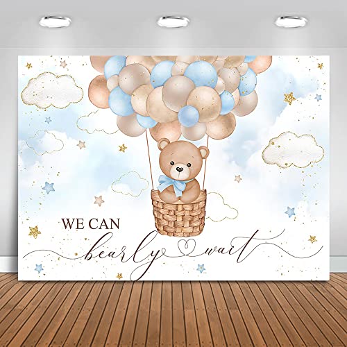 Mocsicka Blue Bear Hot Air Balloon Backdrop Boy Bear Balloons Baby Shower Background We Can Bearly Wait Baby Shower Party Cake Table Decoration Photo Booth Props (8x6ft)