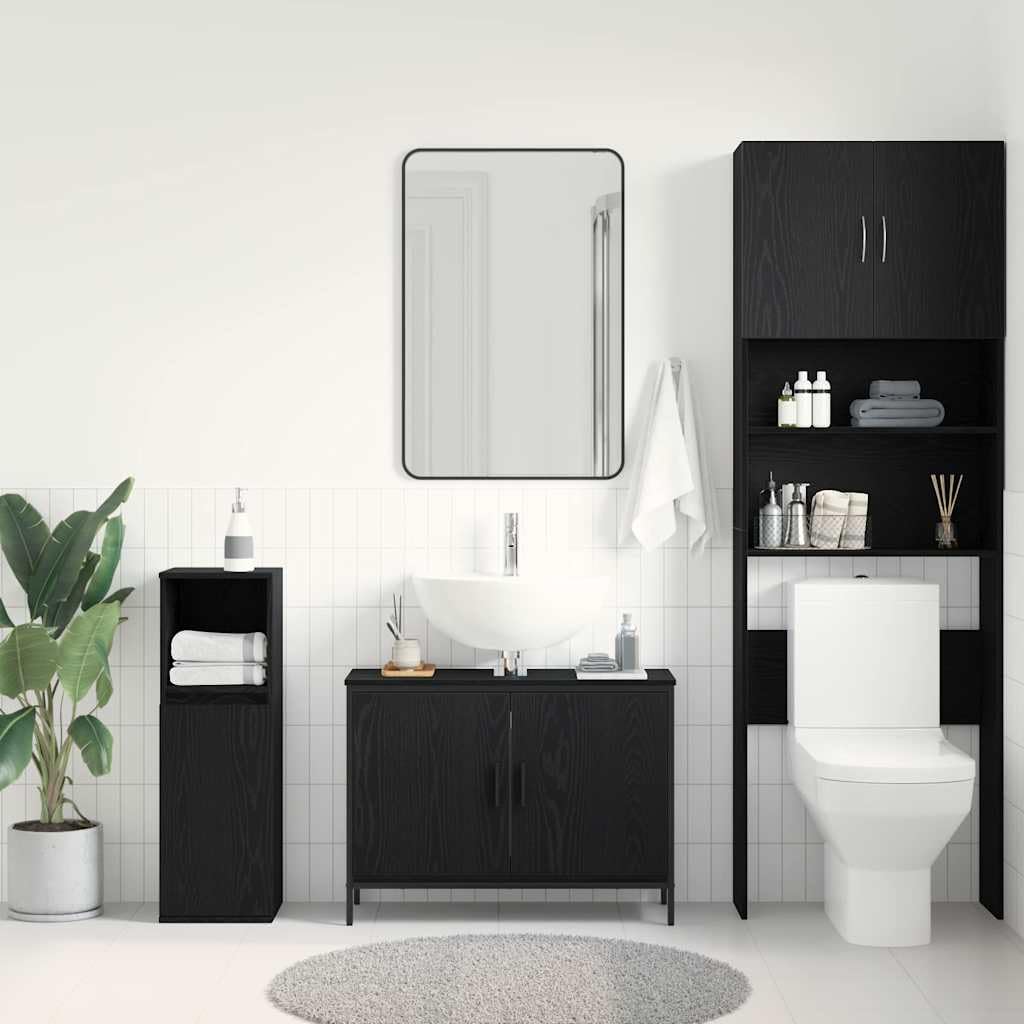Mueble bajo lavabo de roble negro, 80 x 30 x 60 cm, material de madera con marco de acero, 2 puertas, moderno mueble de baño que ahorra espacio para pequeños baños y aseos de invitados