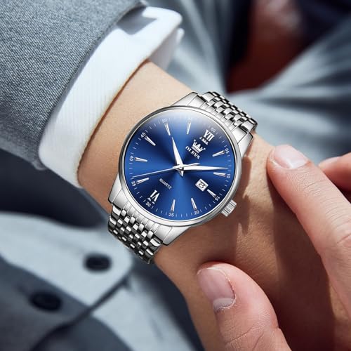 Image of OLEVS Mens Watch Stainless Steel Analog Quartz Watches for Men Day Date Easy Read Diamond Waterproof Dress Luxury Classic Casual Big Face Blue /Black /Gold /Silver Roman Arabic Numerals Men's Wrist Watch