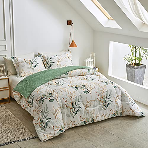 Joyreap 3Pcs Botanical Comforter Set Full/Queen, Green N Golden Leaves On White Reversible Design, Soft Microfiber Bedding Comforter Set For All Season, 1 Comforter N 2 Pillow Shams, 90X90 Inches #TOP1