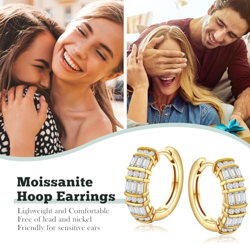 Emerald Cut Moissanite Hoop Earrings for Women 14K Gold Plated/925 Sterling Silver 15mm/21mm Huggie hoop Earrings Anniversary Valentine's Day Christmas Jewelry(with Box) 5
