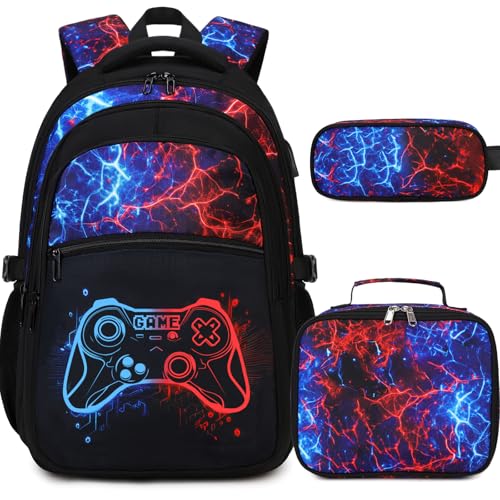 DIGOBAY Boys Backpack for School 3PCS Cool Luminous Gamer Backpack for Boys with Lunch Box Pencil Case Kids Backpacks Bookbag for Teen Boy Elementary Middle High School with USB Charging Port