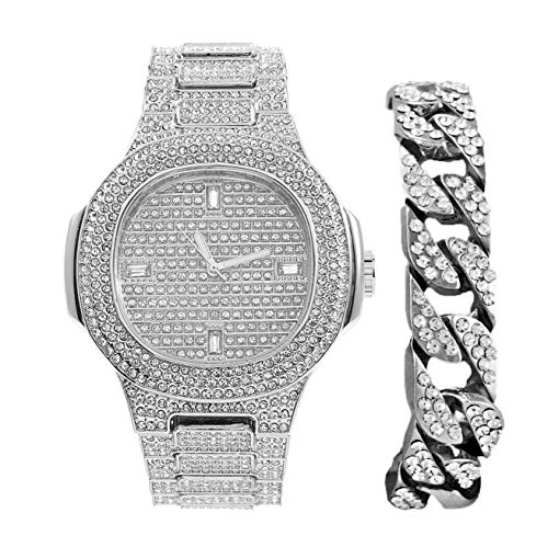 Charles Raymond Bling-ed Out Cuban Bracelet with Oblong Iced Look Hip Hop Watch - 8475BC Cuban (8967 Silver Baguette)
