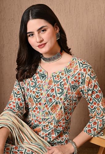 Image of Amazon Brand - Tavasya Women Cotton Anarkali Kurta Pant Dupatta Set | Printed Ethnic Suit Set | Flared Anarkali Kurta with Pant & Dupatta | Festive & Casual Wear
