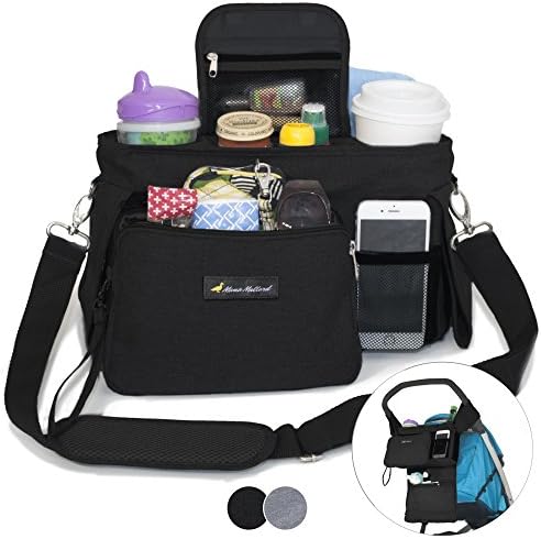BEST STROLLER ORGANIZER WITH CUP HOLDERS - Universal Fit - Premium Storage Bag for Moms Phone, Wallet, Keys, Snacks, Baby Items - Zip Off Wristlet - Baby Travel Accessories - Perfect Baby Shower Gift