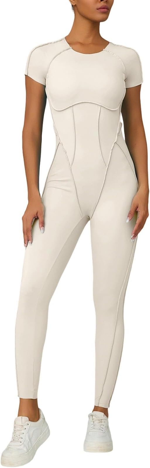 Tuta Intera da Donna Slim Fit Senza Schienale - Body Imbottito A Maniche Corte per Palestra, Yoga E Serate Fuori - Tuta Sagomata con Cuciture per Uno Stile di Vita Attivo White Small