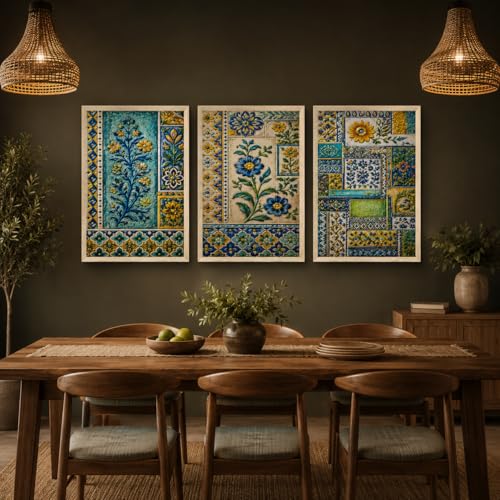 Image of Livin'luxe Set of 3 Blue Yellow Floral Tile Wall Paintings for Living Room Dining Bedroom Home Decor with Premium Wooden Color Synthetic Frame (25.5 x 19.5 Inch) NM03-70