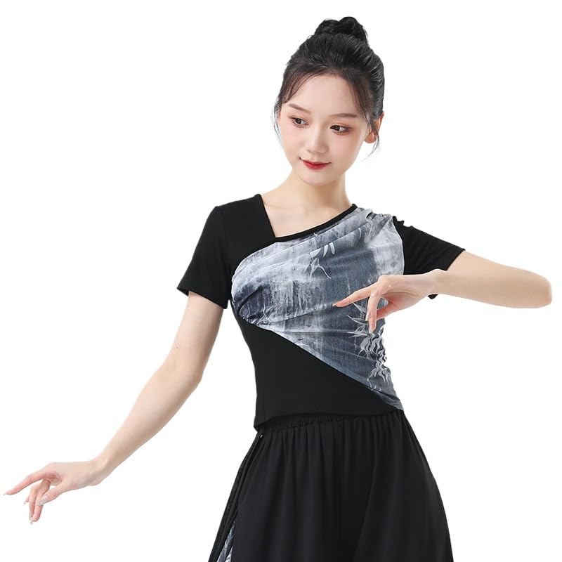 HEARTTOUCH Women Modern Dance Top Ballet Wrap Top Chinese Style Shirts Long Sleeve Yoga Gym Crop Tops Teen Girls Pullover (Black b,X-Large)