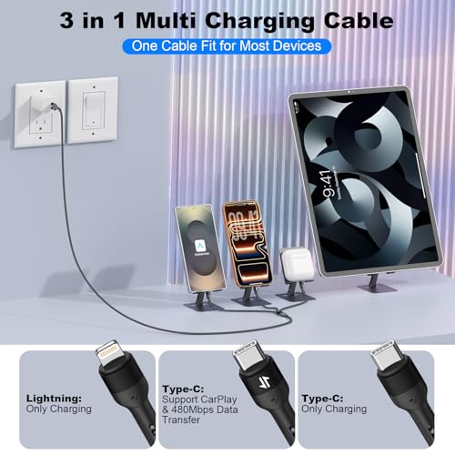 Image of Multi Charging Cable, 3 in 1 Charging Cable for Multiple Devices, Nylon Braided Universal Charger for Travel, USB Cable Multiple Phone Charger with Type C Lightning for iPhone17 /16 /15 /14 /13(2Pack 4FT)