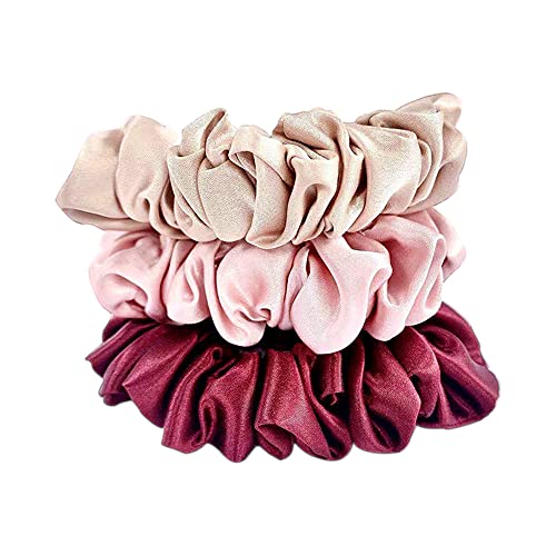 VEGAWIWI Silk Scrunchies for Hair 100% Pure 22 Momme Mulberry Silk Scrunchies for Curly Hair 3 Pack Silk Hair Ties for Women Girls with Elastic Band (Pink, Champagne, Wine)